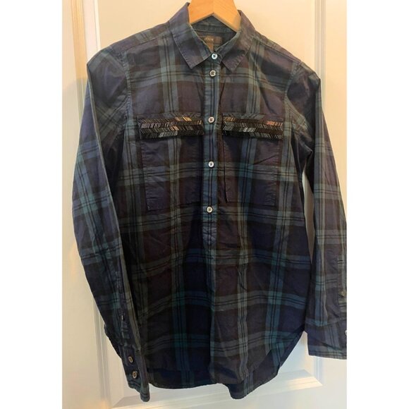 J. Crew Tartan Green Navy Plaid Beaded Chevron Popover Quarter Button Top 2 - Picture 7 of 8
